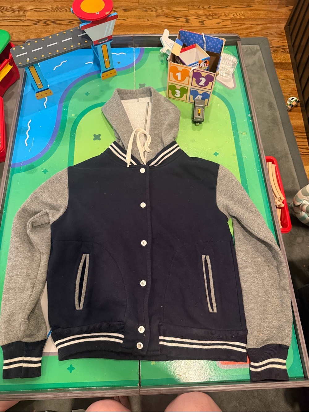 MV Sport Navy and Gray Hooded Varsity Jacket